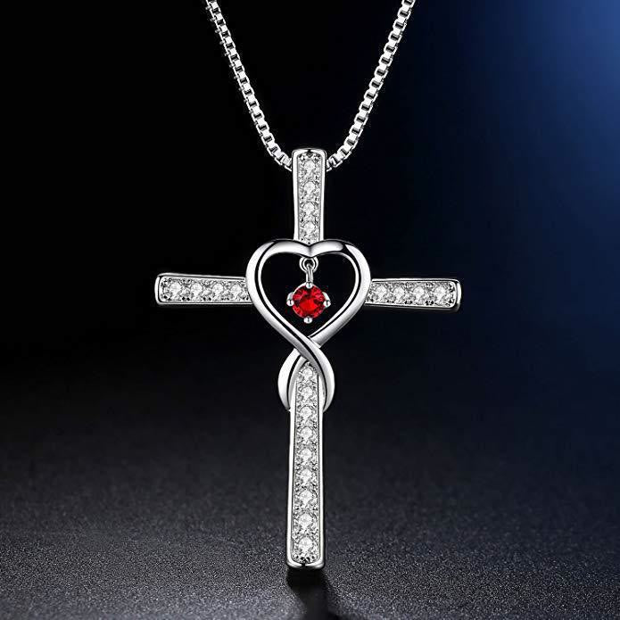 Birthstone Heart Cross Necklace-Necklaces-Yiyae-July-Yiyae