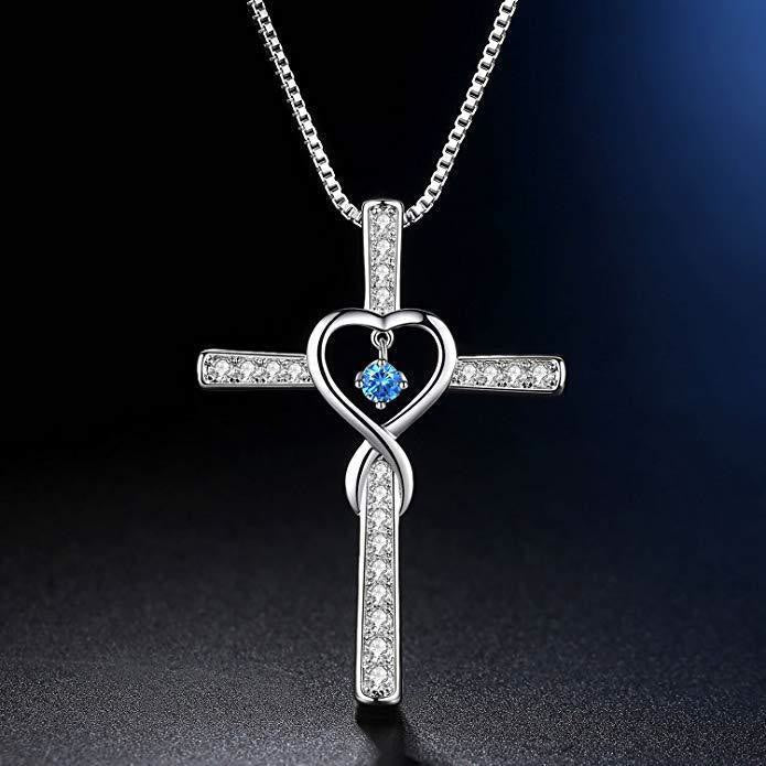 Birthstone Heart Cross Necklace-Necklaces-Yiyae-March-Yiyae