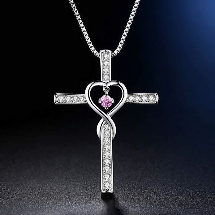 Birthstone Heart Cross Necklace-Necklaces-Yiyae-October-Yiyae