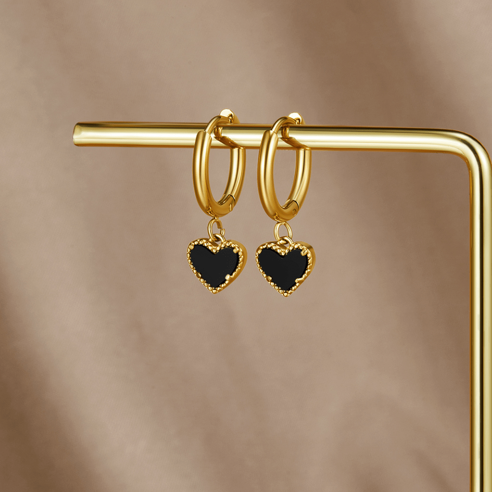 Black Agate Heart Hoops-Earrings-Yiyae-Yiyae