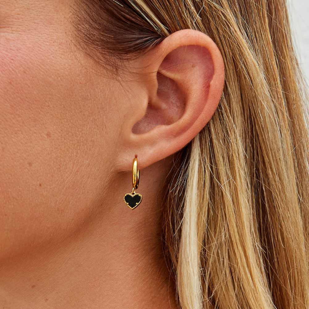 Black Agate Heart Hoops-Earrings-Yiyae-Yiyae