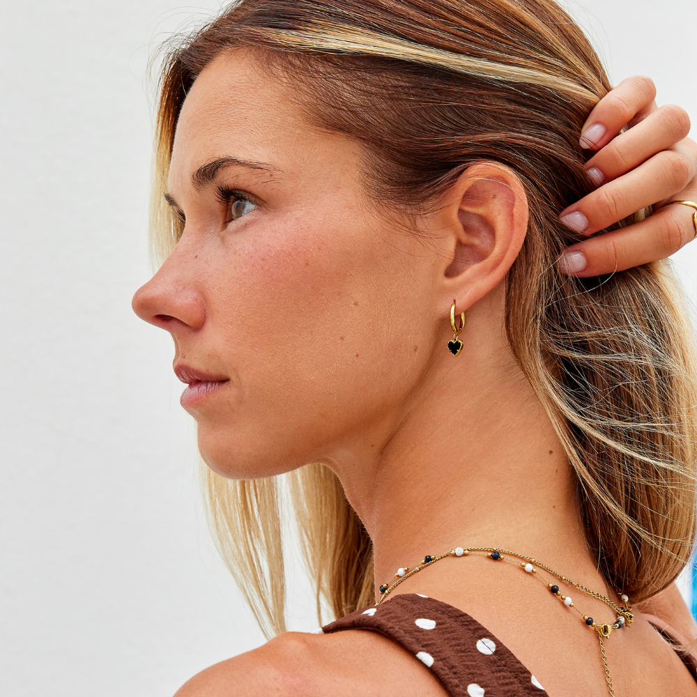 Black Agate Heart Hoops-Earrings-Yiyae-Yiyae
