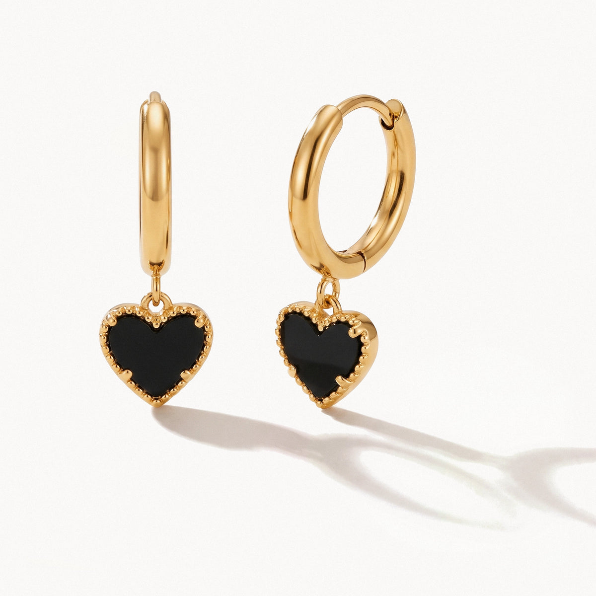 Black Agate Heart Hoops-Earrings-Yiyae-Gold-Yiyae