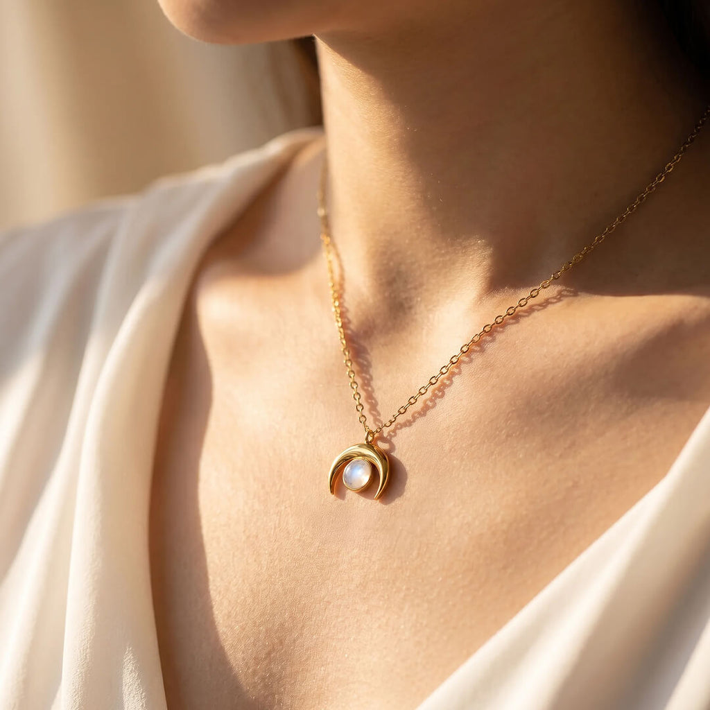 Crescent Moonstone Necklace-Necklaces-Yiyae-Yiyae