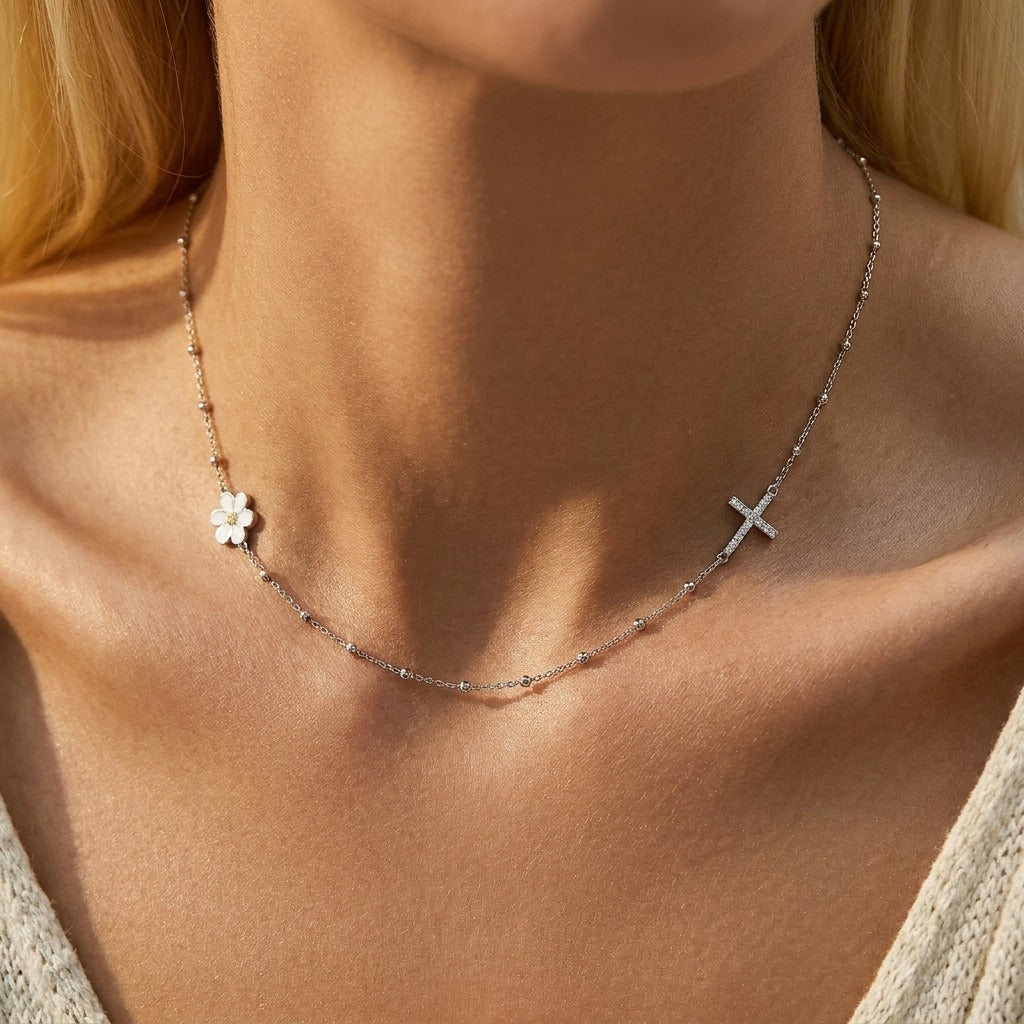 Flower & Cross Necklace-Necklaces-Yiyae-Yiyae