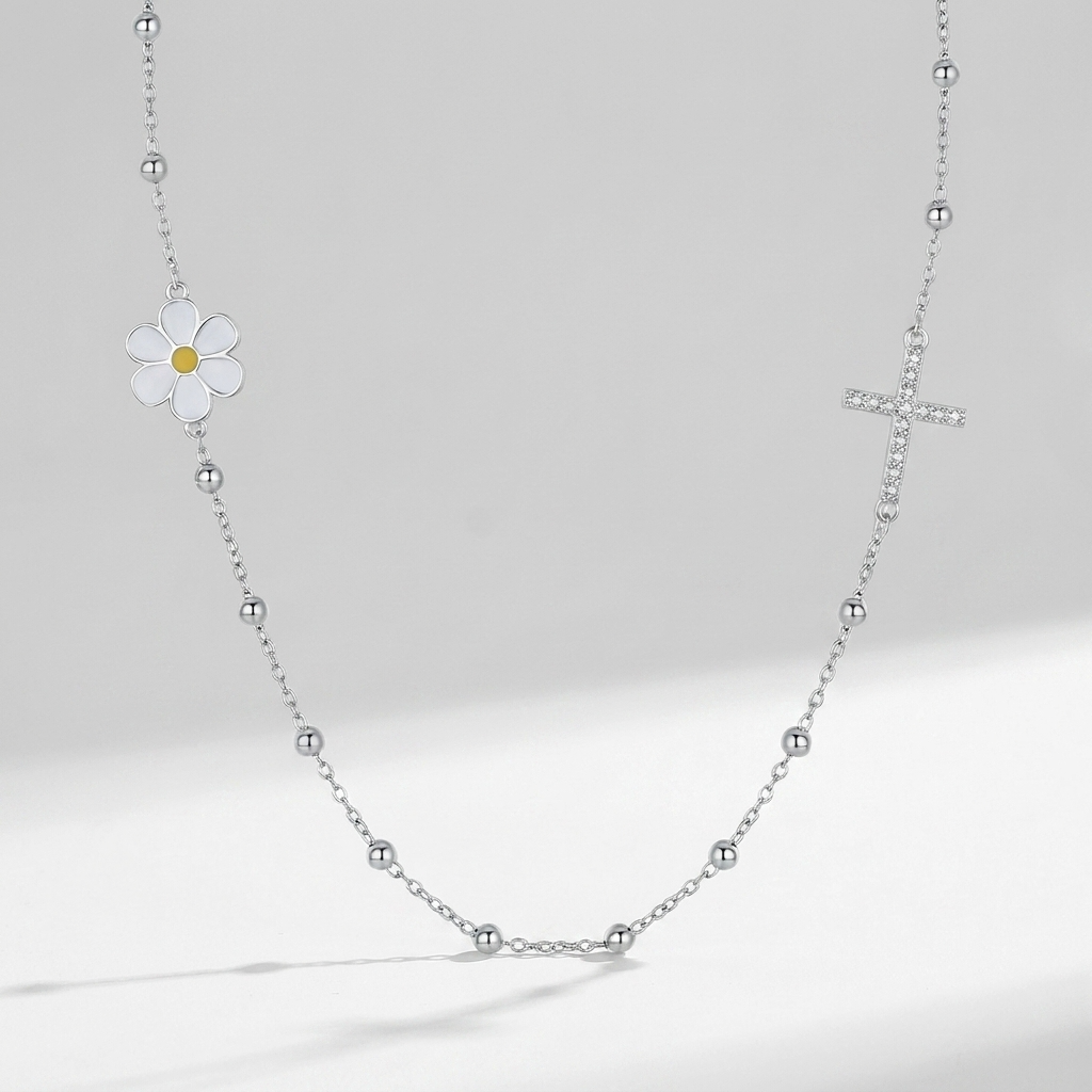 Flower & Cross Necklace-Necklaces-Yiyae-Yiyae