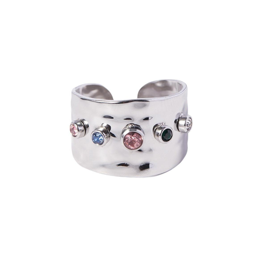 Hammered Gemstone-Effect Ring-Rings-Yiyae-Silver-Adjustable-Yiyae