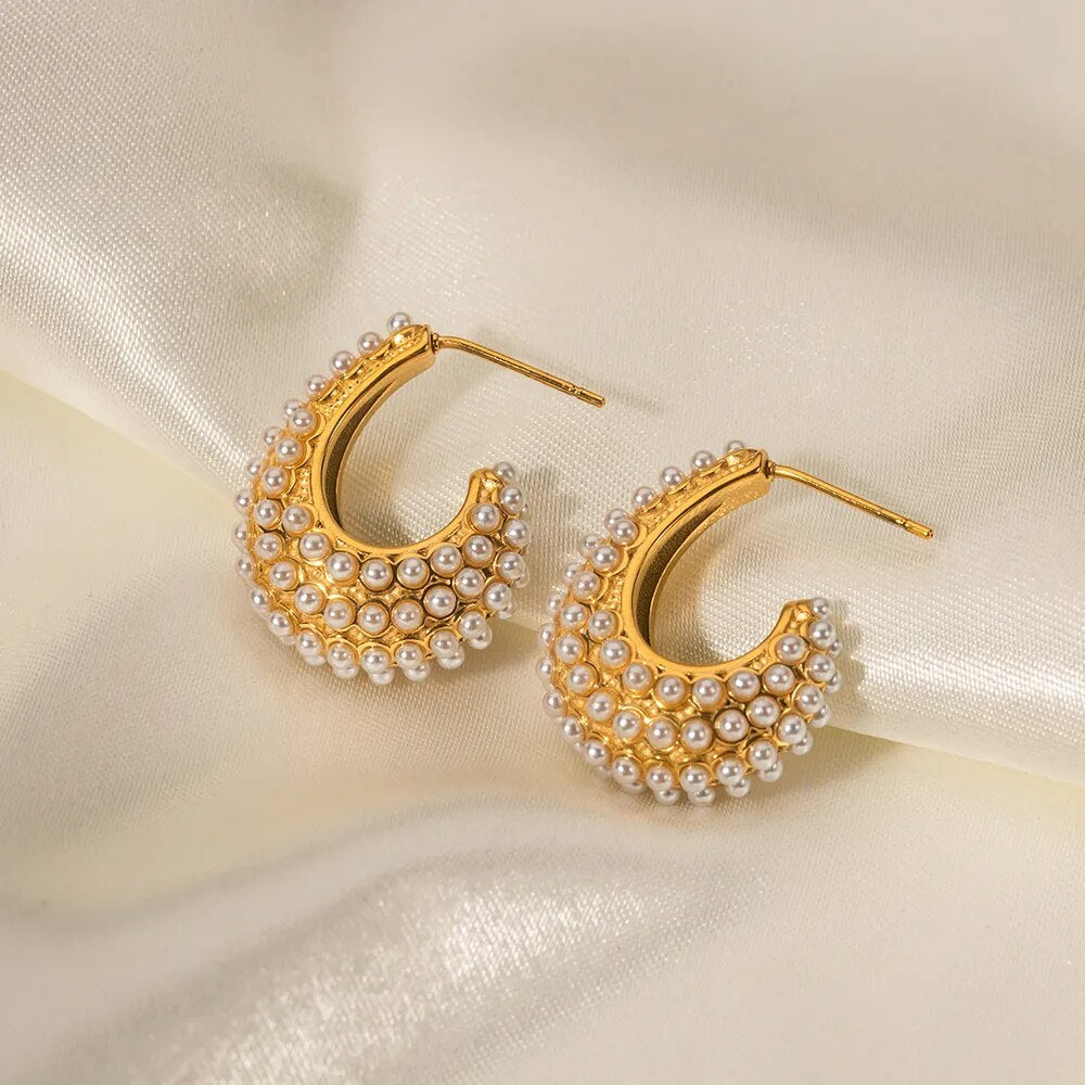 Pearl-Effect Hoop Earrings-Earrings-Yiyae-Yiyae