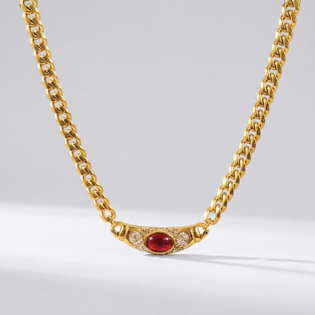 Red Stone Chain Necklace-Necklaces-Yiyae-Yiyae