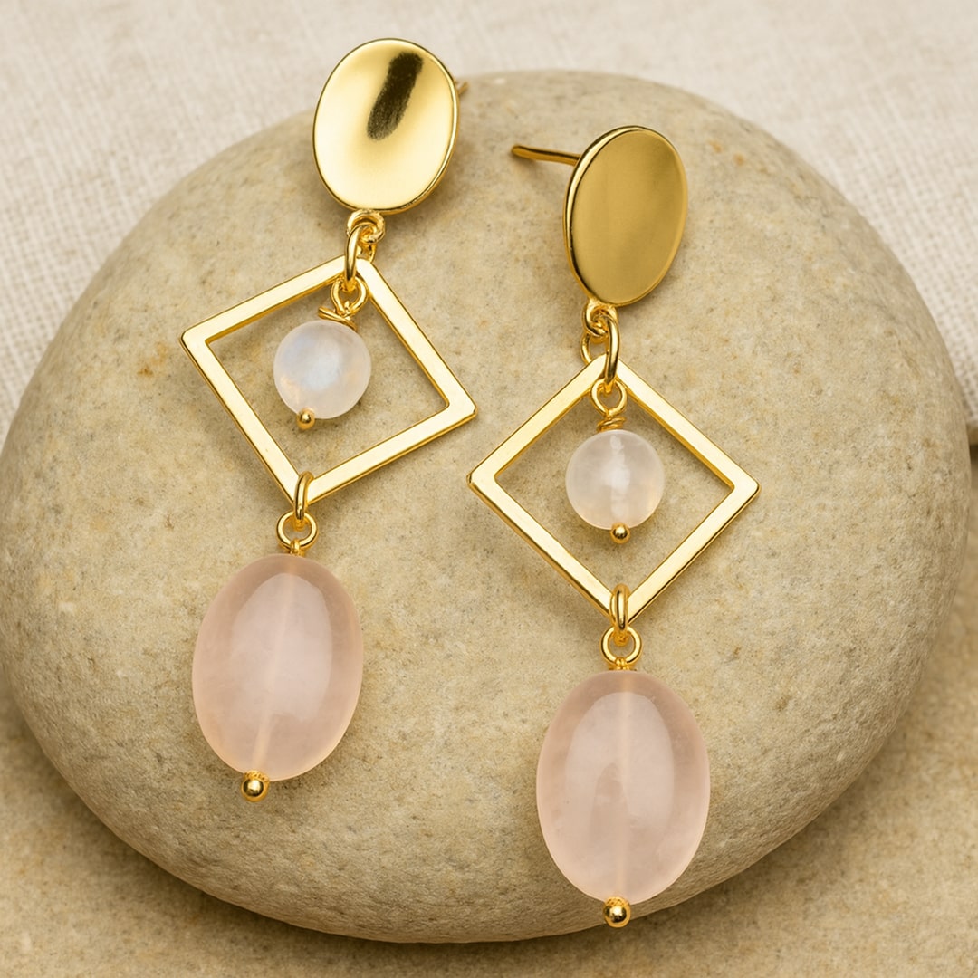 Rose Quartz Drop Earrings-Earrings-Yiyae-Yiyae
