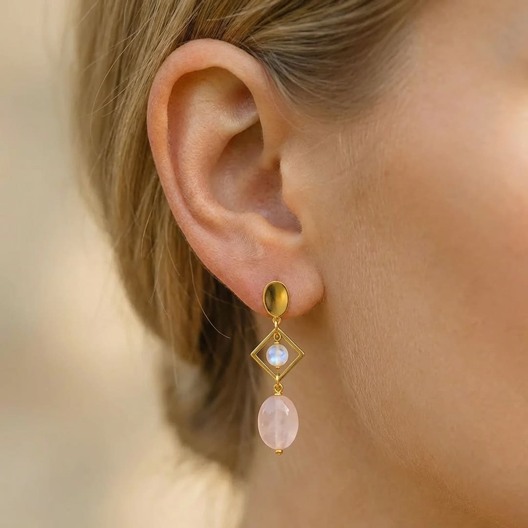Rose Quartz Drop Earrings-Earrings-Yiyae-Yiyae