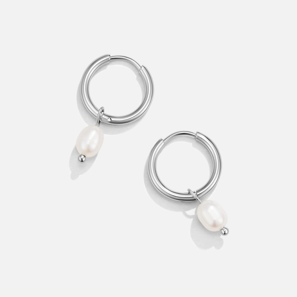 Silver-Tone Pearl Hoops-Earrings-Yiyae-Yiyae
