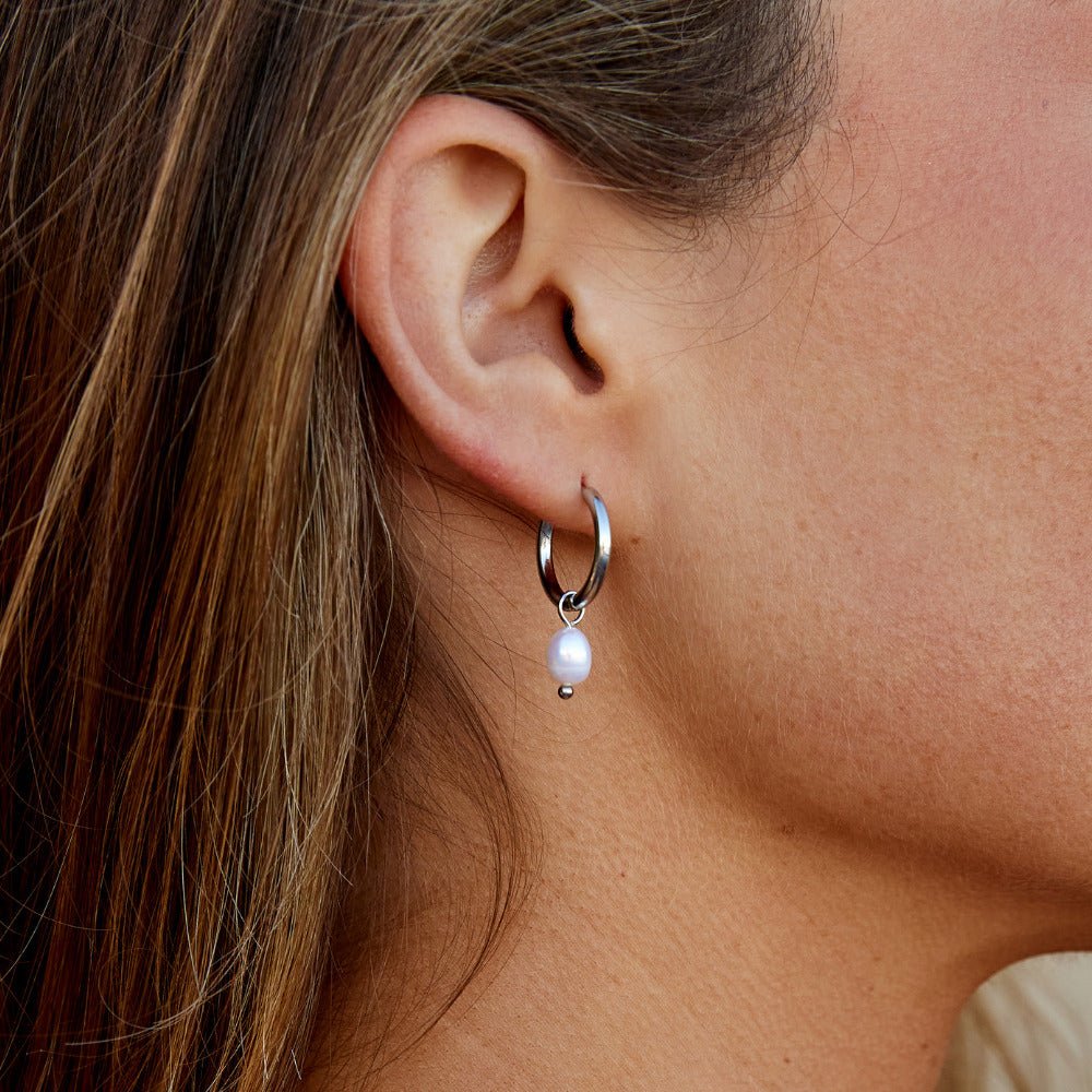 Silver-Tone Pearl Hoops-Earrings-Yiyae-Yiyae