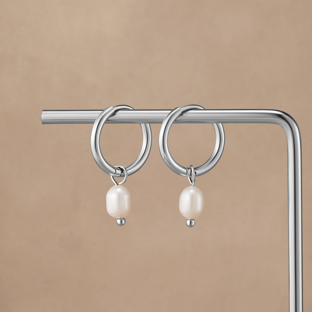Silver-Tone Pearl Hoops-Earrings-Yiyae-Yiyae